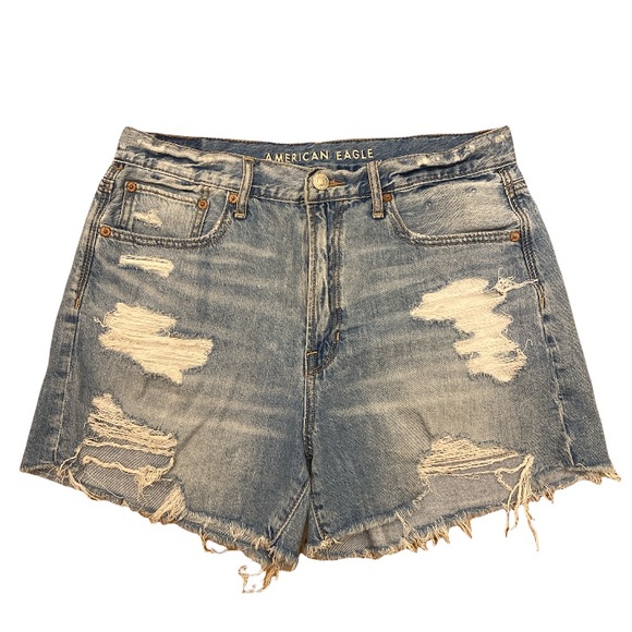 American Eagle Outfitters 90s Boyfriend Distressed High Waisted Blue Jean Shorts - Picture 1 of 9